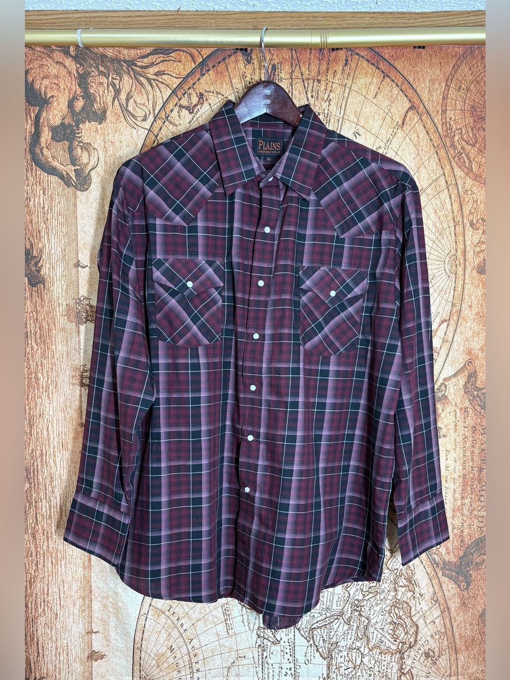 Mens XL Vtg Plains Western Wear Pearl Snap Long Sleeve Shirt Plaid Rodeo Cowboy
